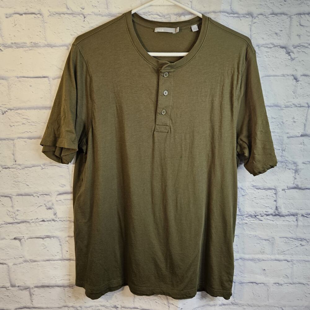 Vince Double Layer Henley Shirt Mens Green Medium 100% Pima Cotton Short Sleeve